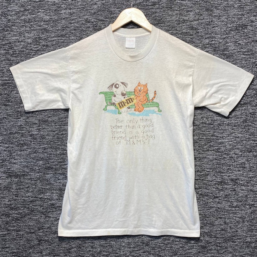 VTG M&Ms Candy Graphic T Shirt White Dog Cat Friend Single Stitch Promo Tee